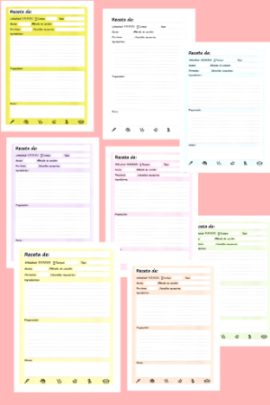 Plantilla de recetas de cocina para imprimir - 8 colores